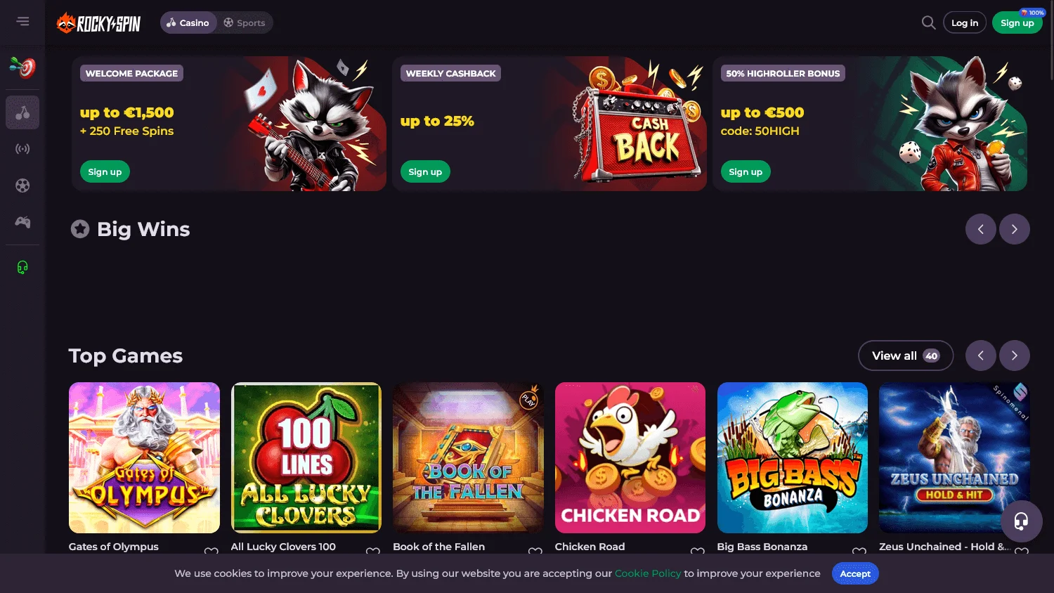Rockyspin Casino home page on desktop