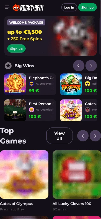 Rockyspin Casino home page on a mobile phone