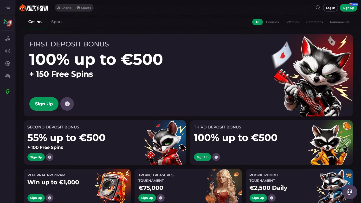 Rockyspin Casino promotions on desktop